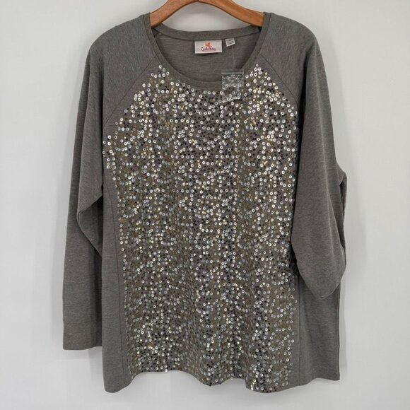 Quacker Factory Womens Sequin Embellished Gray Long Sleeve Top size 1X plus new - Picture 4 of 14